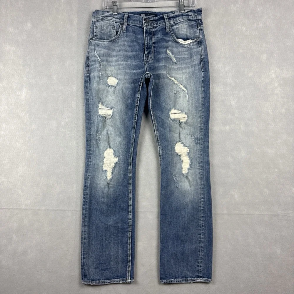 BKE Jake Straight Jeans Mens 32x30 Blue Distressed Thrashed Ripped Denim Stretch
